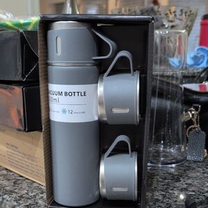Sleek Silver Vacuum Bottle with Cups